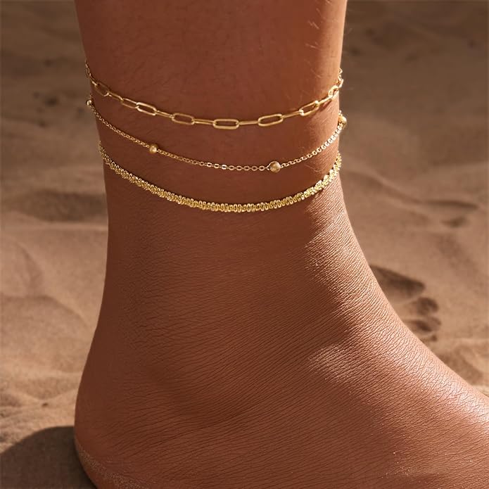 MIDEEO Gold/Silver Ankle Bracelets for Women,14K Gold Anklets for Women Waterproof Cuban Link Heart Beads Herringbone Rhinestone Anklets Set Layered Anklet Bracelets for Women Gold Jewelry Gift