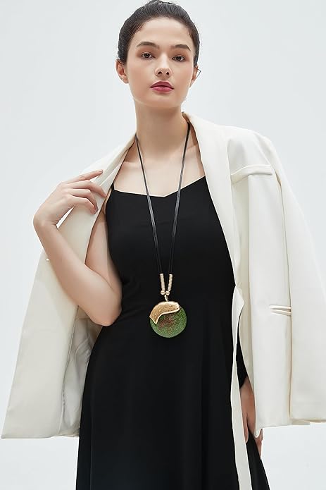 GelConnie Leather Necklace for Women Large Pendant Long Brown Necklace Circle Leather Choker Vintage Sweater Necklace Gold Chunky Boho Necklaces for Women