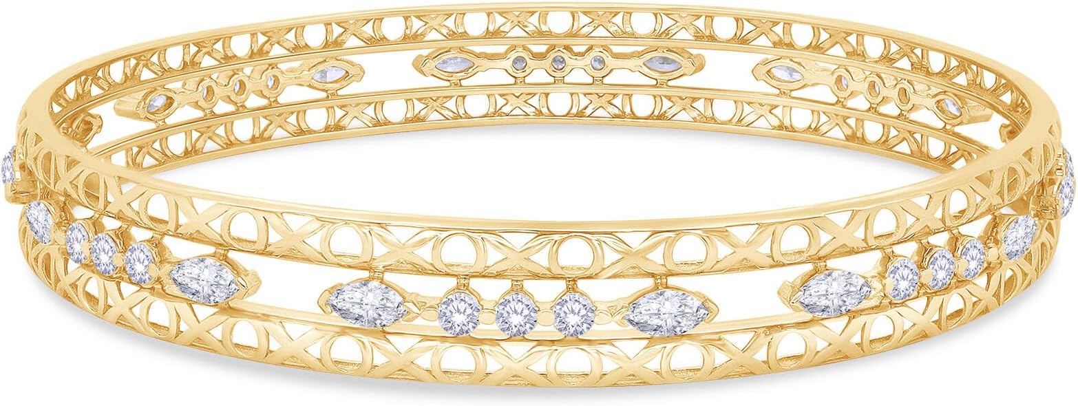Bangle Bracelets for Women 3.65 Carat (ctw) Marquise And Round Shape Lab Grown Diamond 3-Row Cuff Bangle Bracelets In 14K Gold Over Sterling Silver Jewelry Gifts For Her Size-7.00 to 8.00 Inch