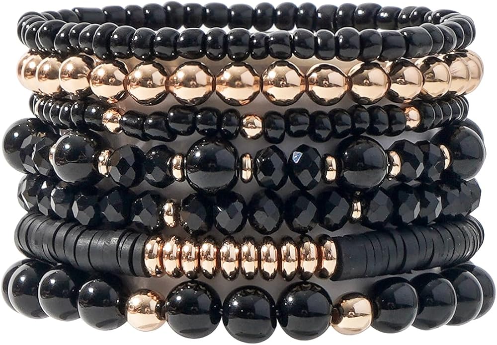 GOOJIDS Surfer Heishi Clay Bead Bracelets for Women Bohemian Stackable Gold Plated Beaded Stretch Bracelets Elastic Layering Friendship Bracelets Set Boho Jewelry