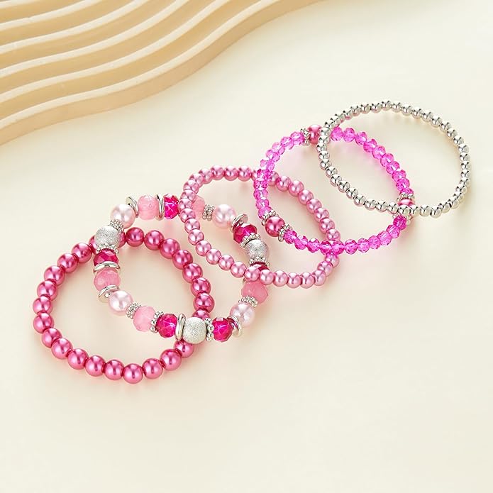 Noessla Beaded Pearl Stretch Bracelet Silver Stackable Crystal Beads Bracelets Trendy Costume Jewelry Mothers Day Gifts for Women