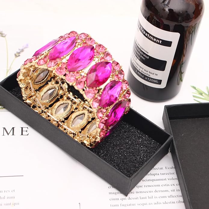 Women’s Elegant Wedding Bridal Crystal Double Row Marquise-Shape Leaf Stretch Bangle Bracelet Bride Jewelry for Women