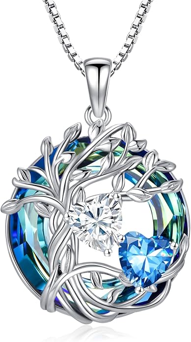 TOUPOP s925 Sterling Silver Family Celtic Tree of Life Pendant Necklaces with 2 Heart Birthstone with Blue Austrian Crystal Jewelry Birthday Valentines Day Gifts for Her, Anniversary Christmas Gifts for Wife Girlfriend Mom (18K Real White Gold Filled)