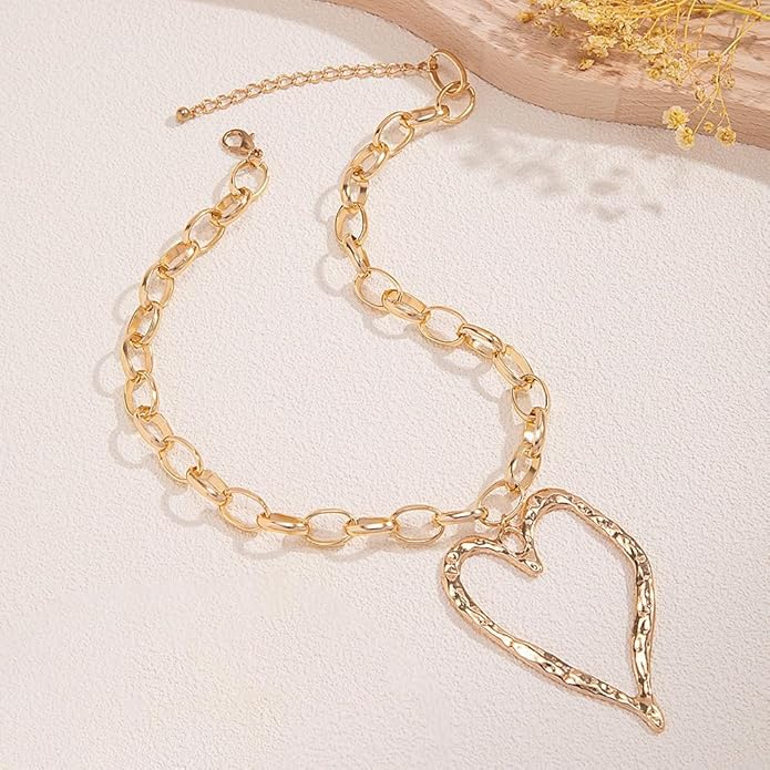 Chunky Gold Heart Necklace for Women,Y2K Big Heart Statement Necklace Long Puffy Hearts Chain Charm Necklaces Trendy Jewerly