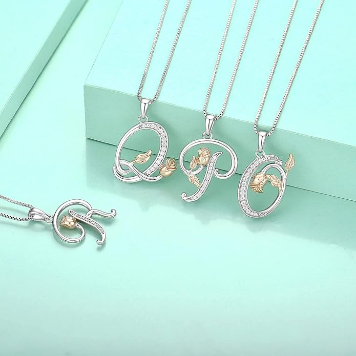 STARCHENIE Initial Necklace for Women Sterling Silver Letters 26 Alphabet Pendant Rose Flower Jewelry Gifts for Family Sisters Friend