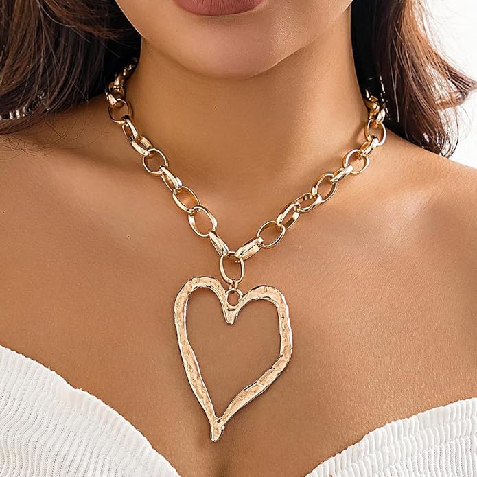 Chunky Gold Heart Necklace for Women,Y2K Big Heart Statement Necklace Long Puffy Hearts Chain Charm Necklaces Trendy Jewerly
