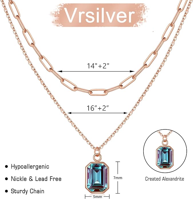 Layered Birthstone Necklace for Women Girls, 14K Gold-Plated Paperclip Chain Choker Necklace with Rectangle Birthstone Pendant Birthday Gifts for Women Girls Dainty Small