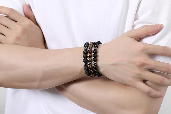 XIANNVXI Natural Stone Beads Bracelet for Men Crystal Bracelets 8MM Tiger Eye Lava Rock Obsidian Beaded Bracelet Set Black/Red/Blue Crystal Beaded Bracelets for Men