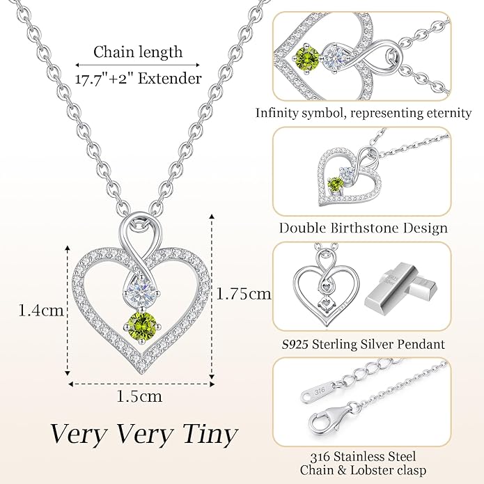 LOUISA SECRET Infinity Double Birthstone Necklace, 925 Sterling Silver Tiny Pendant Heart Necklace for Women Wife Her, Best Jewelry Gift Heart Jewelry Meaningful Gift for Valentine's Day, Christmas, Birthday Anniversary