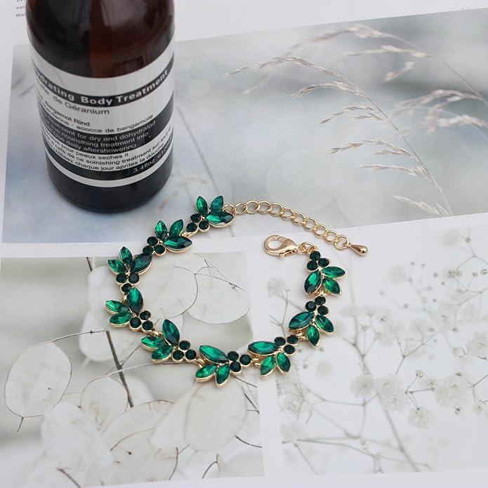 Bridal Wedding Crystal Leaf Choker Necklace Dangle Earring Bracelet Brides Bridesmaid Jewelry Set for Women