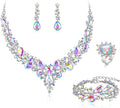 BriLove Wedding Bridal Jewelery for Women Austrian Crystal Teardrop Cluster Statement Necklace Dangle Earrings Link Bracelet Set
