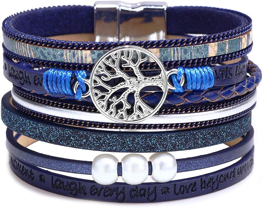 Fesciory Leopard Bracelet for Women, Boho Leather Wrap Multi-Layer Pearl Crystal Bracelet Bangle Jewelry