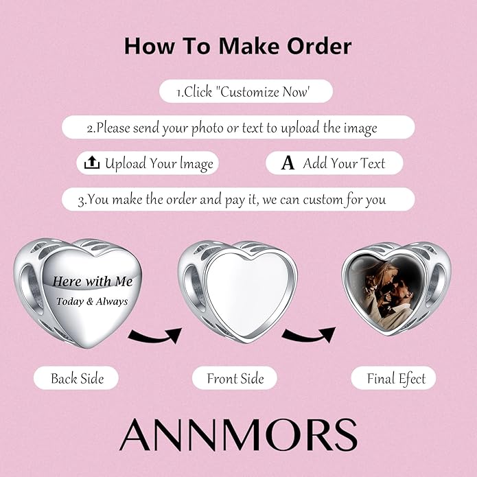Annmors Personalized Photo Charms For Bracelets/Necklace 925 Sterling Silver Love Heart Shaped Engraved Customize Picture Gift for Birthday Mother's Day,Bead Charms Jewelry for Women