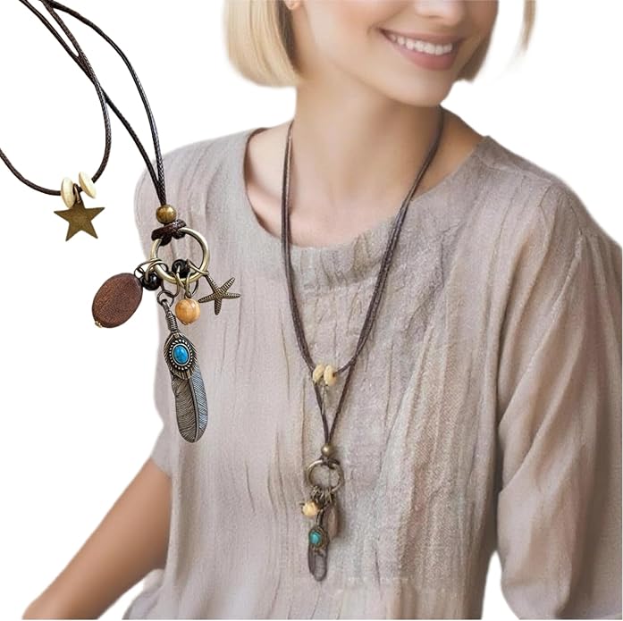 Boho Necklaces for Women, Vintage Pendant Necklaces Two Layers of Wear Choker, Adjustable Trendy Necklace Hippie Handmade Fashion Jewelry Accessories, Birthday Gifts