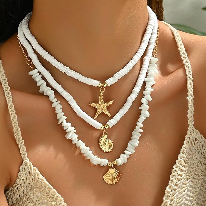 Gold Sea Shell Necklace Layered Charm Necklace for Women Boho Summer Seashell Beach Starfish Necklaces 14k Pearl Chain Surfer Jewelry Beach Vacation Essentials