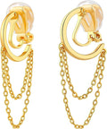 FAN&LOUIS Gold Clip On Earrings for Women, 24K Gold Plated Small Hoop Dangle Chains Drop Trendy Hypoallergenic Non Pierced Earrings Painless Lightweight Clip-On Earrings