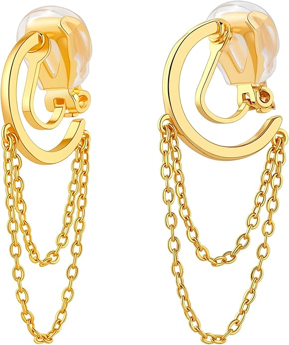FAN&LOUIS Gold Clip On Earrings for Women, 24K Gold Plated Small Hoop Dangle Chains Drop Trendy Hypoallergenic Non Pierced Earrings Painless Lightweight Clip-On Earrings