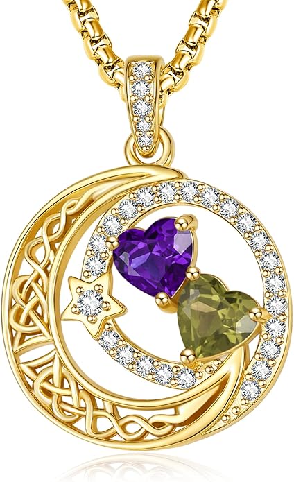 14K Gold Moon and Star Necklace Gifts for Women - Double Heart Birthstone Necklace, Valentines Wedding Anniversary Birthday Gifts for Her Wife Mom Daughter Grandma Sister