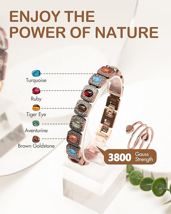 Feraco Pure Copper Bracelets & Rings for Women, Ultra Strength Magnetic Bracelet with 3800 Gauss Magnets & Natural Turquoise & Stones, Adjustable, Jewelry Gift