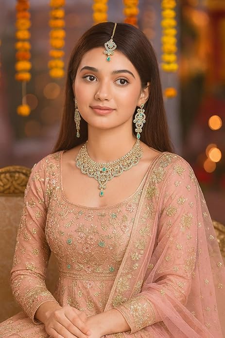 Touchstone Indian jewelry set for women bollywood gold jewellery wedding outfits necklace sets earrings bridal maang tikka fancy costume girls big desi accessories rhinestone in gold or silver tone