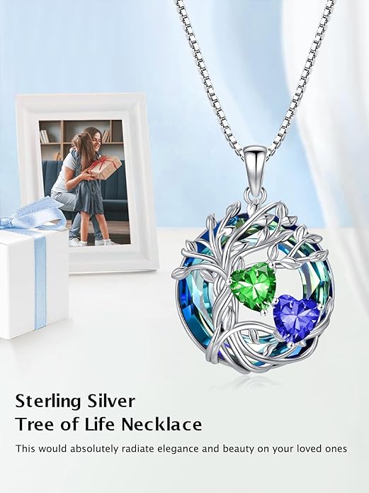 TOUPOP s925 Sterling Silver Family Celtic Tree of Life Pendant Necklaces with 2 Heart Birthstone with Blue Austrian Crystal Jewelry Birthday Valentines Day Gifts for Her, Anniversary Christmas Gifts for Wife Girlfriend Mom (18K Real White Gold Filled)