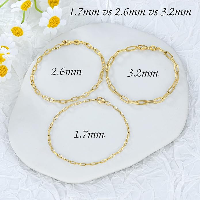 14K Yellow Gold 6-13 Inch 1.2mm-3.2mm Chain Bracelet Anklet for Women, Cuban Link Curb/Rope/Paper Clip/Round Snake/Herringbone/Bead/Water Wave, Thin Gold Chain Bracelet Durable Strong Real 14k Gold Chain Bracelet Anklet