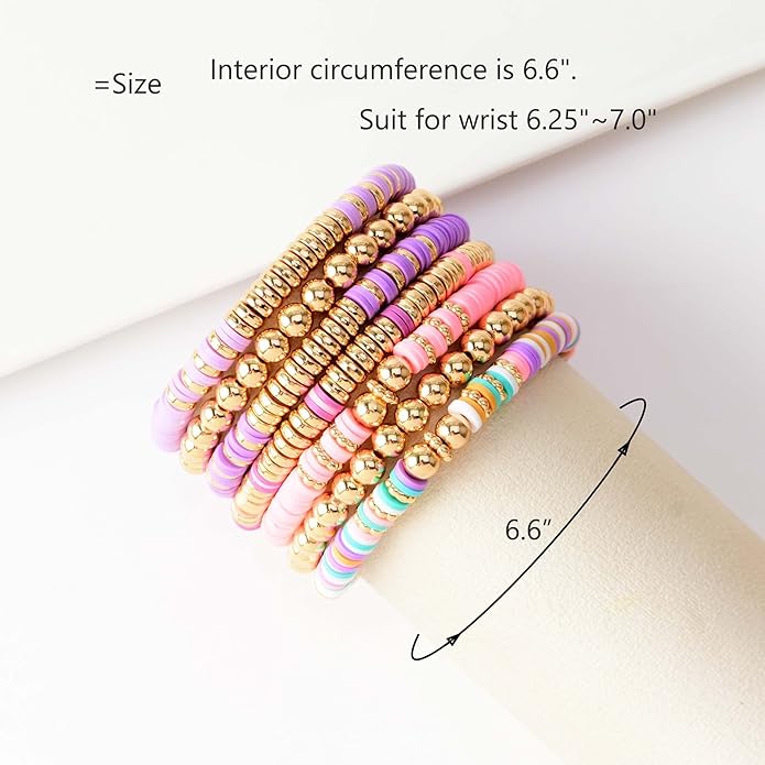 GOOJIDS Surfer Heishi Clay Bead Bracelets for Women Bohemian Stackable Gold Plated Beaded Stretch Bracelets Elastic Layering Friendship Bracelets Set Boho Jewelry