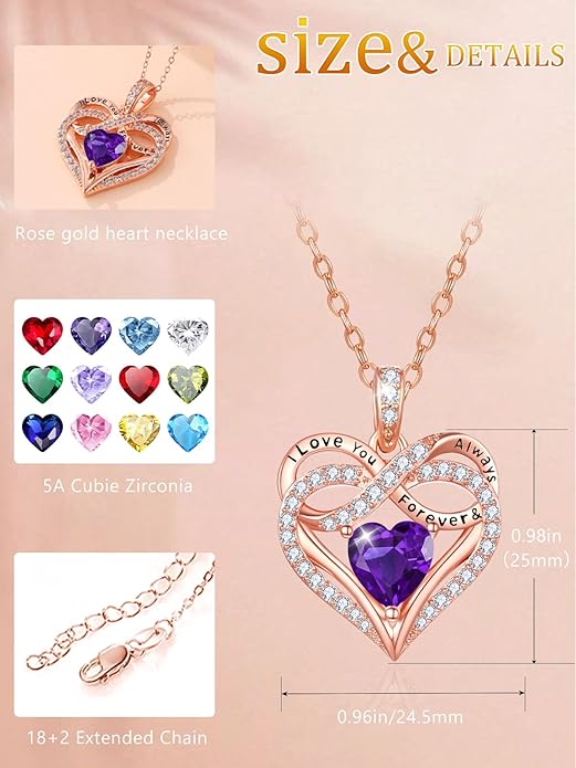 Infinity Rose Gold Valentines Heart Birthstone Necklace for Women,I Love You Always and Forever Jewelry,Valentines Anniversary Birthday Gifts for Her Wife Mom Grandma Daughter