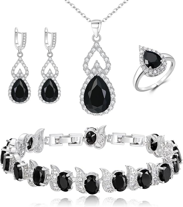 BriLove Wedding Jewelry Set for Women Bride Bridesmaid, Gorgeous Cubic Zirconia Teardrop Necklace Earrings Bracelet Adjustable Ring Jewelry Gift for Birthday/Anniversary/Mother’s Day