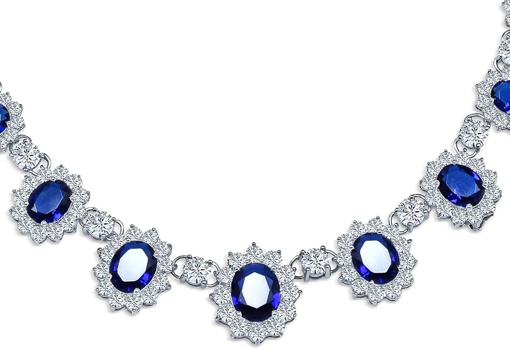 Elegant Vintage Estate-Inspired Bridal Jewelry Set - 5 CTW Oval Crown Halo Statement Necklace & Chandelier Earrings with AAA Cubic Zirconia CZ Simulated Gemstones, Silver Plated, for Women