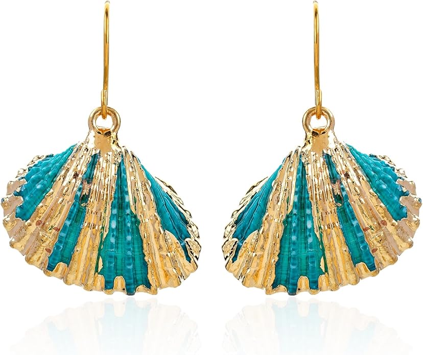 Beach Summer Sea Shell Earrings For Women, Tropical Natural Scallop Shell Jewelry Boho Earring Set Bulk Pack Vacation Dangling Drop Light Formal