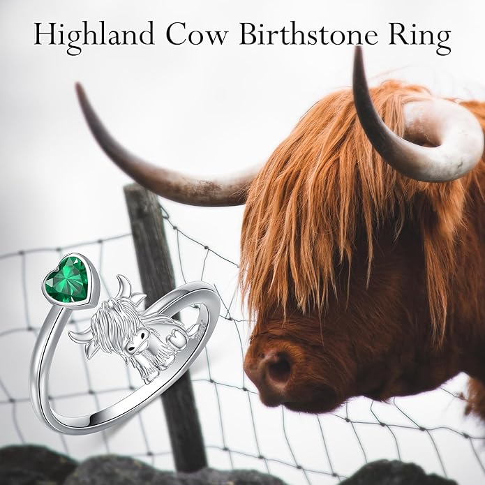 Highland Cow Ring 925 Sterling Silver Adjustable Ring Birthstone Ring Engraved Name Highland Cow Gifts Jewelry for Women