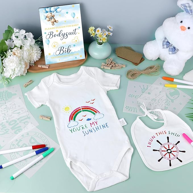 151 Pcs Baby Shower Game Decorations Kit with Bibs, Bodysuits, Wooden Sign & Fabric Markers (BlueBear)