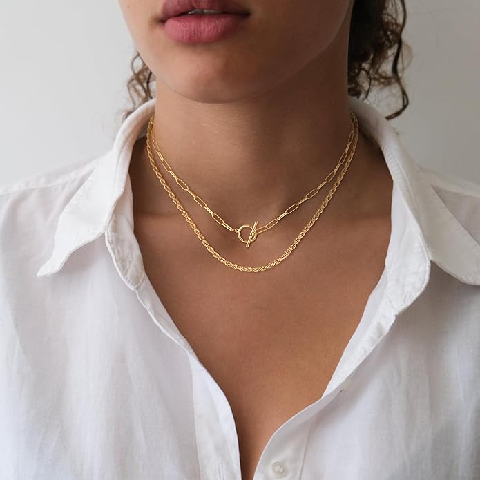 CHESKY Layered Necklaces for Women, 14K Gold Plated Chain Necklace Women Trendy Cuban Link Paperclip Chain Toggle Clasp Necklace Fashion Chunky Jewelry for Women