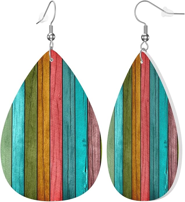 Vintage Wood Wooden Print Faux Leather Teardrop Earrings for Women Drop Dangle Earrings