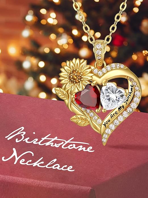 Sunflower Heart Necklace for Women 14K Gold Exquisite Valentines Day Anniversary Birthday Gifts for Wife Mother Her Double Birthstone Pendant Jewelry‘You Are My Sunshine’