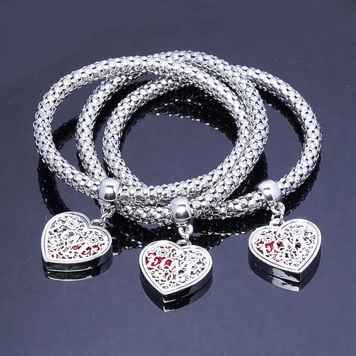 Crystal Charms Multilayer Bracelets - 3PCS Gold/Silver/Rose Gold Corn Chain Bracelet for Women, Tree of Life Heart Shaped Stretch Bracelet