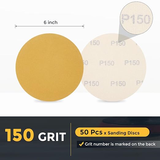 HARFINGTON 50 Pcs 6 Inch Sanding Discs 150 Grit Yellow Aluminum Oxide | Hook - Image 2