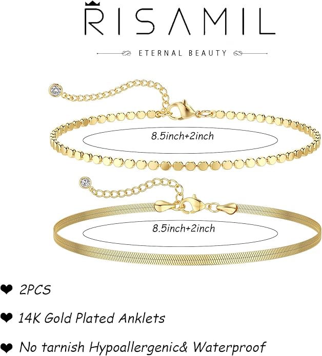 Risamil 14K Gold Plated Ankle Bracelets for Women, Anklets for Women Waterproof Layered Ankle Bracelets for Women Teen Girl Herringbone Anklet Set Summer Foot Jewelry Gifts