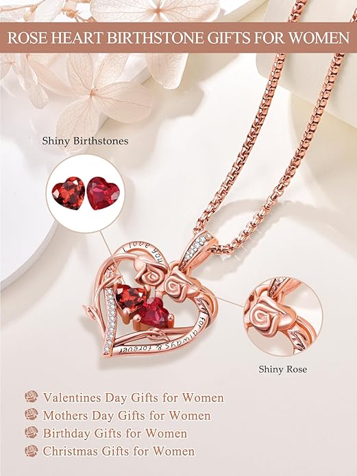 Rose Heart Necklaces for Women, Rose Gold Forever Love Jewelry with 2 Birthstones Pendant,Valentines Anniversarry Birthday Gifts for Her Wife Mom Grandma Daughter, 18+2 Inch Chain