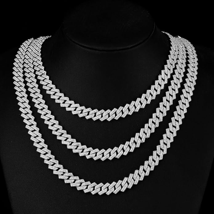 HH BLING EMPIRE 14k Gold/Silver Cuban Link Chain for Women Iced Out Diamond Chunky Cuban Link Necklace Chain Bracelet 2pcs Sets