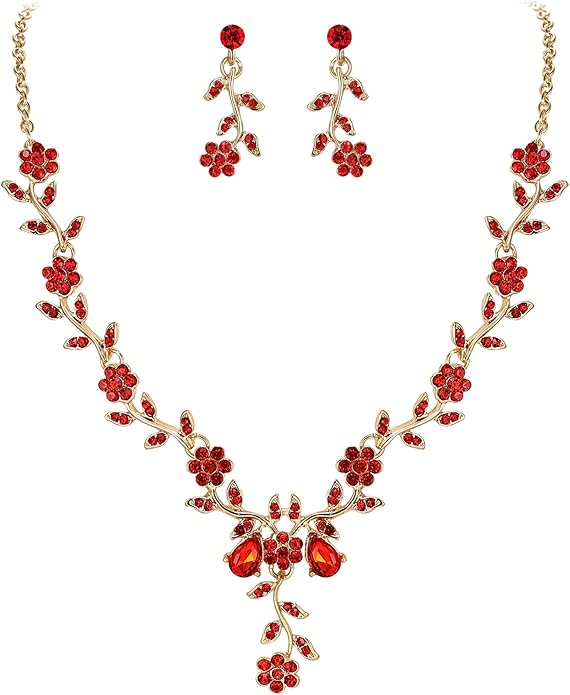 BriLove Women's Wedding Jewelry Leaf Cluster Flower Crystal Dangle Earrings Pendant Necklace Set for Bridal