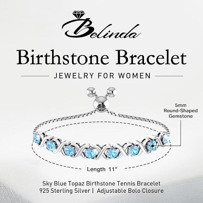 Birthstone Bangle Bracelet for Women Classic Beautiful 925 Sterling Silver Sparkling Gemstone XO Bolo Tennis Bracelet Fine Wrist Jewelry 4.2 Ct, 11"