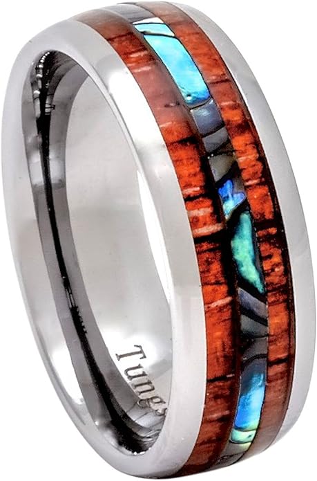 Tungsten Ring Hawaiian Koa Wood Abalone 8mm Comfort Fit Band