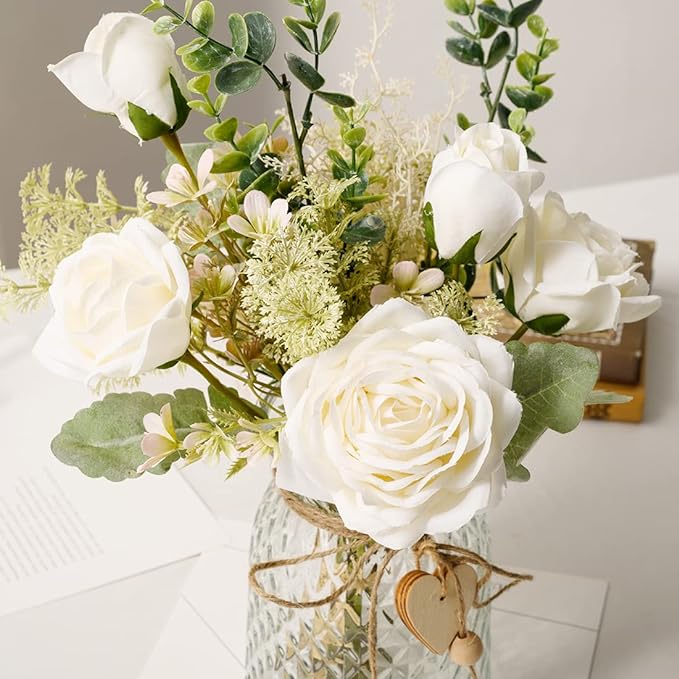 YJ Fake Flowers with Vase, Silk Roses Artificial Flowers in Vase, Faux Flower - Image 5