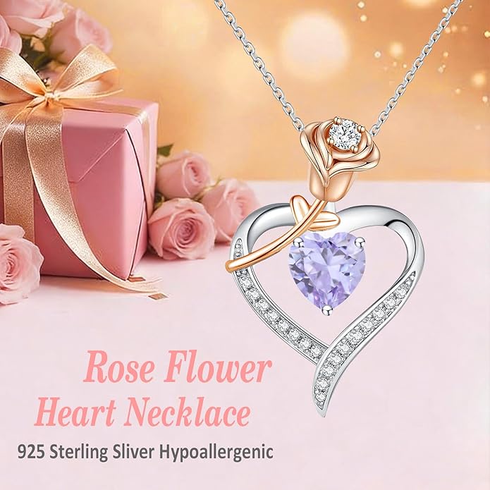 immobird Rose Gold Heart Necklace Birthstone Jewelry Sterling Silver Jewelry Plated White Gold Valentine's Day Gift Women for Wife Mom Necklace for Women
