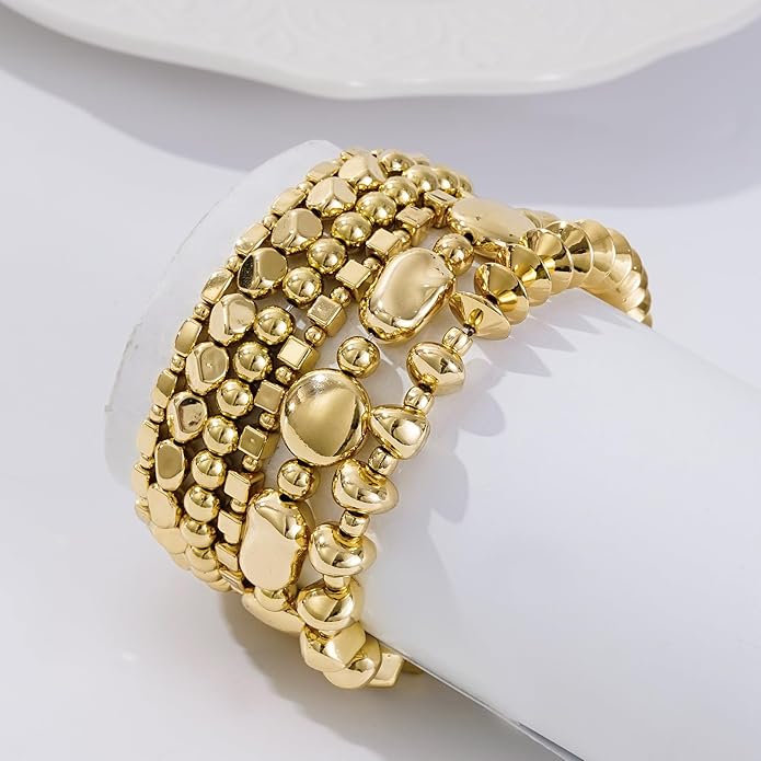 Gold Plated Beaded Bracelets for Women Trendy, 14K Gold Plated Stack Cross Pearl Gold Plated Bead Stretch Bracelets Set Elastic Hypoallergenic Bracelets Jewelry Gifts
