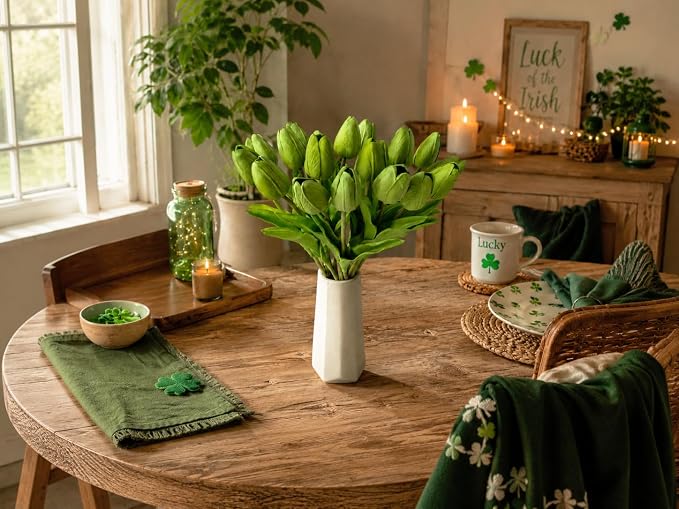 Mandy's 20pcs Artificial Green Tulips | 13.5 Inch Lifelike PU Tulips Faux - Image 8