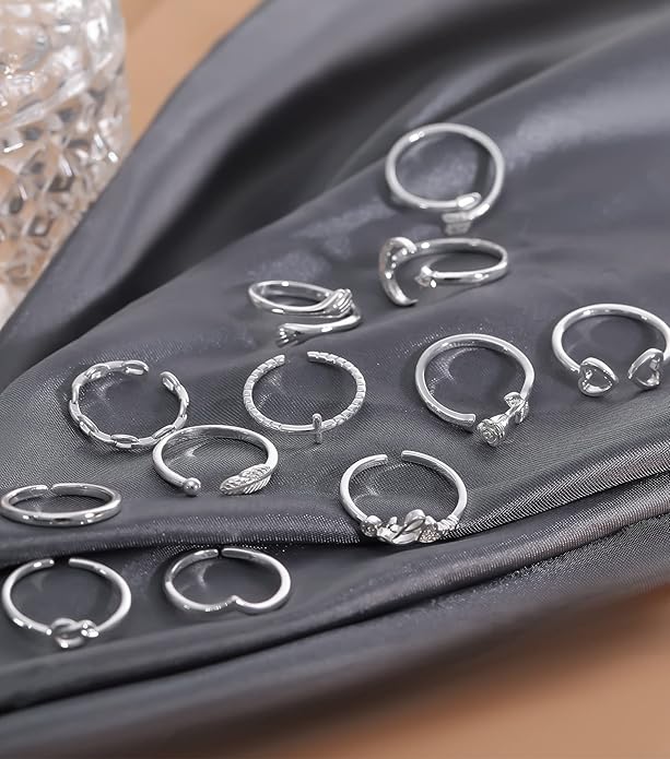 KOHOTA 12PCS Adjustable Knuckle Rings for Women 14K Gold Plated Silver Simple Stacking Rings Pack Open Knot Star Moon Butterfly Dainty Thumb Ring Set for Women