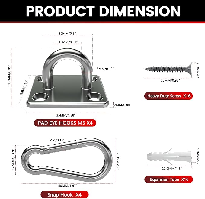 304 Stainless Steel Pad Eye Snap Hook, M5 Ceiling Hook 500Lb, Yoga Gym Equipment - Image 4
